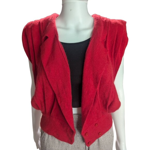 VTG 80's Red Lambswool & Rabbit Fur Sweater Vest w/ Double-Breasted Buttons Sz P - Picture 2 of 10